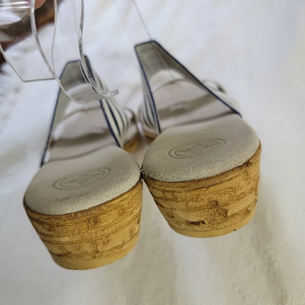 Charleston Shoe Co NEW‎ Cecilia II Navy White Striped Low Wedge Slide Sandals 10